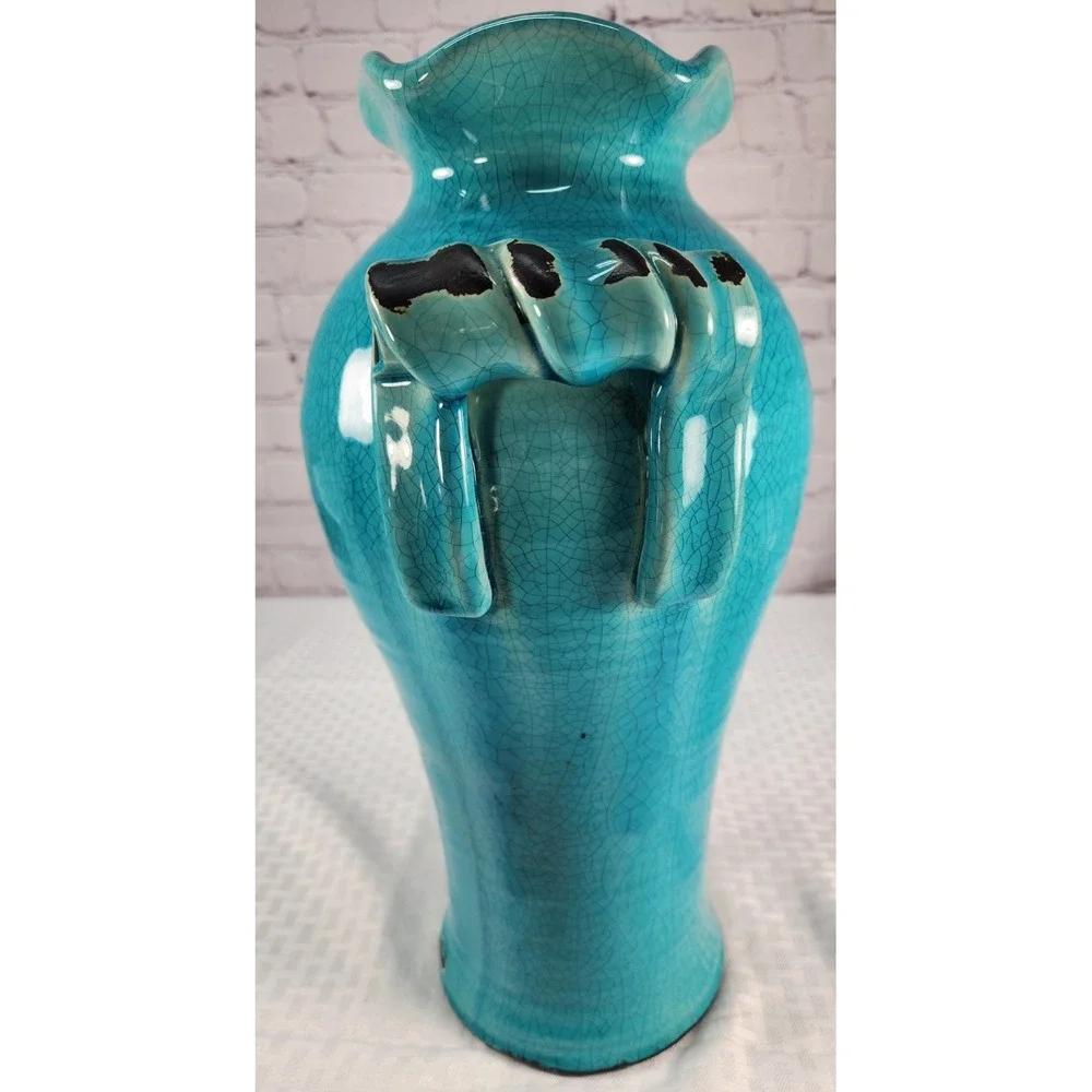Vtg Large Pottery Vase handles‎ Rustic Glazed Crackled Turquoise